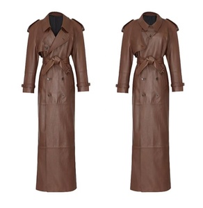 Women's Black And Brown PU <b>Leather</b> <b>Long</b> Trench <b>Coat</b> Turn-down Collar Double Breasted Belted Formal Autumn Jacket - Product Image 2
