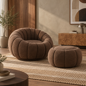 Fauteuil capitonné moderne en forme de citrouille avec pouf assorti en tissu microfibre marron pour le mobilier de salon - Product Image 1
