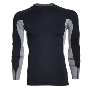 Men's Long Sleeve Rash Guard Black Gray Color Blocked Quick Dry Polyester Compression Shirt - Product Image 1