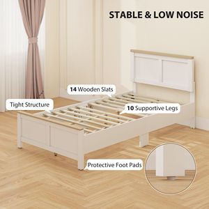 Cadre de lit double moderne avec tête de lit, lit plateforme en bois blanc, montage facile, aucun sommier tapissier nécessaire, lattes en bois incluses - Product Image 5