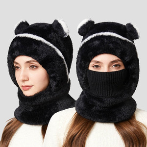 <b>Cute</b> Faux Fur <b>Bear</b> Eared Earflap Hat With Neck Warmer For Women Winter Outdoor Warm Hooded Cap 56-58cm - Product Image 1