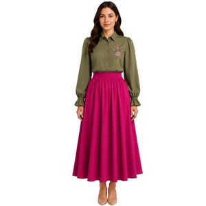 Ensemble chemisier brodé et jupe longue taille haute pour femme, couleur olive et fuchsia, manches longues, boutonnage, tenue modeste deux pièces OEM - Product Image 1