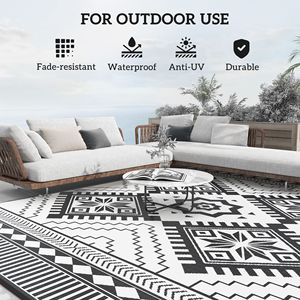 Tappeto da Esterno Reversibile 9FT X 12FT Impermeabile Bianco e Nero con Motivo a Rombi Dentellati e Borsa per il Trasporto - Product Image 6