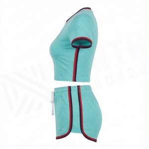 Conjunto Deportivo de 2 Piezas para Mujer, Top Corto de Manga Corta y Pantalones Cortos por Encima de la Rodilla, Color Sólido, Transpirable, de Punto, de Algodón y Elastano - Product Image 3