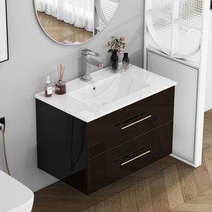 Mobile Bagno Sospeso Nero Lucido da 30 Pollici con Doppio Cassetto, Installazione Facile, Lavabo in Ceramica, Maniglia Lunga in Metallo - Product Image 2
