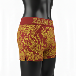 Shorts de mujer de algodón premium con elastano, color granate, con pedrería dorada y logotipo personalizado por transferencia térmica. - Product Image 3