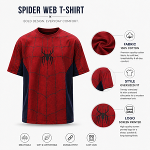 Camiseta Oversize para Hombre con Diseño de Telaraña, Logotipo Personalizado, Roja y Negra, Manga Corta, Estilo Urbano, Impresión por Sublimación - Product Image 5
