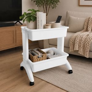 White Double Tier Plastic <b>Storage</b> <b>Cart</b> with Wheels for Office Organization - Product Image 2