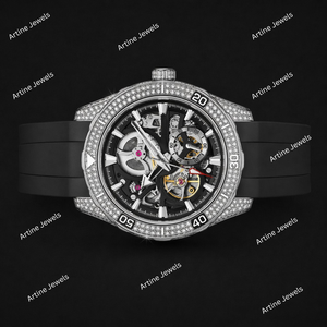Silver Crystal <b>Skeleton</b> Sport <b>Watch</b> Black Strap <b>Automatic</b> Gear Dial Luxury Statement Timepiece For Men Modern Fashion Gift - Product Image 3