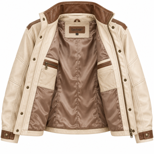 Two Tone Contrast Leather Field Safari <b>Jacket</b> <b>Womens</b> Cream Brown Real Sheepskin Stand Neck Four <b>Cargo</b> Flap Pocket Utility Coat - Product Image 5