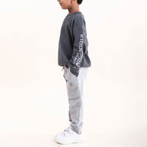 Survêtement gris de couleur unie pour garçons, sweat-shirt décontracté à manches longues et col rond avec poches latérales, pantalon à taille élastique pour l'automne - Product Image 2