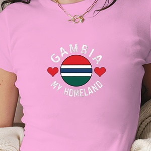 Camiseta de Manga Corta para Mujer, Corte Ajustado, con Estampado de la Bandera de Gambia, Estilo Y2K, Cuello Redondo, Rosa, Mezcla de Poliéster y Spandex - Product Image 3