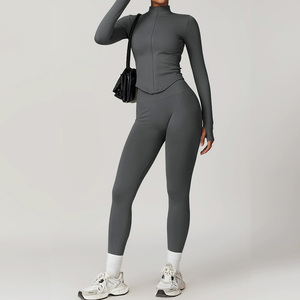 Yoga Set Women High Waist Leggings Full Length Turtleneck Zipper <b>Top</b> 2 Piece Solid <b>Sweat</b>-Wicking Breathable Seamless - Product Image 2