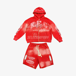 Men <b>Red</b> Tie Dye Zip-Up Hoodie & Jogger Pants Streetwear Unisex Full Sleeve Sweatsuit - Product Image 1