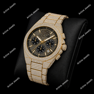 Montre Chronographe Diamant Or Luxe Bracelet Sertie de Diamants Cadran Noir Bijou Tendance Accessoire Homme - Product Image 3