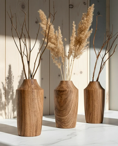 Vase à fleurs en bois artisanal moderne et écologique, en bois naturel, vase décoratif de table pour la maison, diamètre personnalisable, vente en gros - Product Image 6