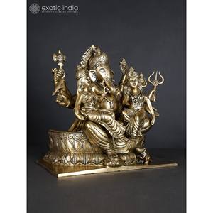 รูปปั้นพระพิฆเนศทองเหลืองละเอียดขนาด13นิ้ววางบนประติมากรรมดอกบัว - Product Image 4