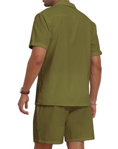 Ensemble chemise et short pour homme, vert olive, manches courtes, couleur unie, tenue décontractée d'été, col rabattu, tissu en coton respirant - Product Image 5
