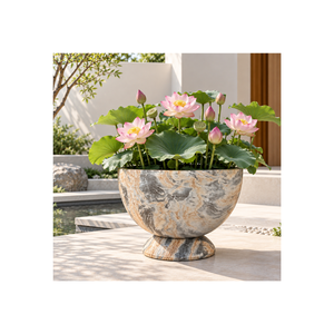 Maceta Decorativa Personalizada de Fibra de Vidrio con Acabado de Mármol, Moderno Recipiente con Pedestal para Flores, para Jardín y Terraza - Product Image 1