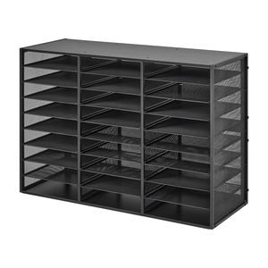 Organizzatore da scrivania in metallo a 27 scomparti con cassetto rimovibile in rete metallica e piano in legno per documenti - Product Image 1