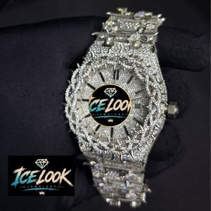 Montre mécanique Ice Look avec incrustation de cristaux, bracelet en métal, style diamant, bijou de poignet élégant - Product Image 2