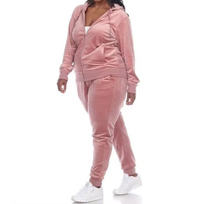 Women Plus Size <b>Pink</b> Velour Eco-Friendly Sporty <b>Tracksuit</b> Hooded Zipper Full Sleeve Casual Pants Set Solid Color Regular Fit - Product Image 5