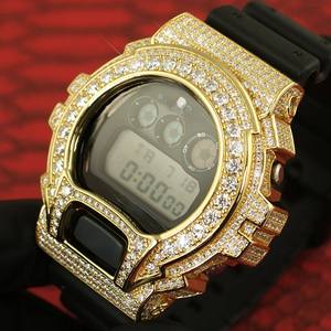Reloj de cuarzo de lujo para hombre, caja redonda de oro amarillo con diamantes, correa de goma, reloj de pulsera analógico estilo hip-hop - Product Image 3