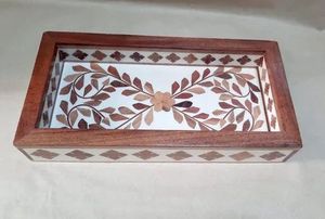Wooden <b>Storage</b> Tray Rectangle Carved Oriental Design Varnished Single Tier <b>Table</b> Use wood in lay leaf design premium wood <b>craft</b> - Product Image 1