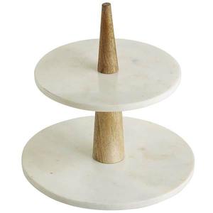 Two <b>tier</b> white marble <b>cake</b> <b>stand</b> with wooden handle modern dessert display for serving party table decor trend of two <b>tier</b> wood - Product Image 1
