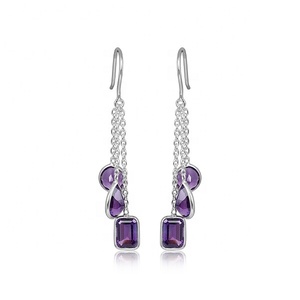 Pendientes Largos de Amatista Natural con Cadena, Plata de Ley 925, Pendientes de Gancho con Cadena, Joyería al por Mayor para Mujer - Product Image 1