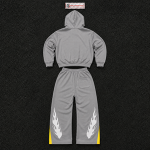 Ensemble survêtement homme gris motif flamme et crâne, sweat à capuche et pantalon, streetwear, manches longues, fermeture à cordon, imprimé, en promotion - Product Image 6