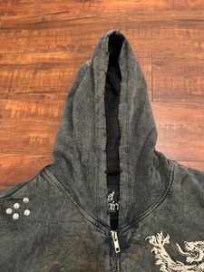 Sweat à capuche personnalisé en coton pour homme, style streetwear, effet délavé soleil, avec rivets et strass - Product Image 6