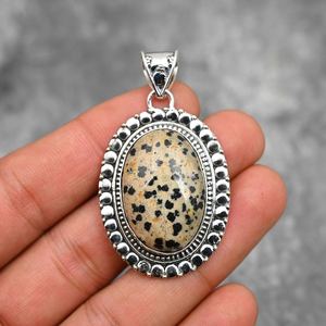 Collier artisanal vintage en argent sterling 925 plaqué, avec pendentif ovale en jaspe dalmatien naturel, perles et pierres précieuses, le plus vendu - Product Image 3