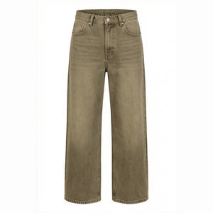 Jean en denim vert olive coupe droite pour homme, coupe régulière, en coton, style décontracté, pantalon taille mi-haute, couleur unie, tissu tissé - Product Image 5