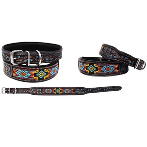 Premium Quality Custom Made Genuine Leather Beaded <b>Dog</b> <b>Collar</b> With Floral Hand Carved Design Available Supplier Manufacturer - Product Image 1