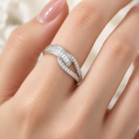 Openwork 925 Sterling Silver Zircon Ring with a Rectangular Stone Ribbon and Split Shoulders