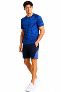 Ensemble t-shirt et short sport pour homme, couleurs contrastées, séchage rapide, polyester tricoté, tenue décontractée d'été, deux pièces - Product Image 4