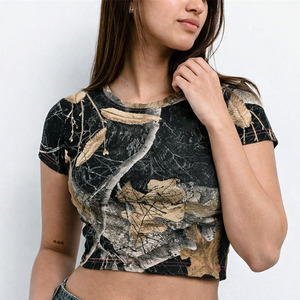 Women Black Forest Camouflage Ribbed Crop T-Shirt Slim Fit Short Sleeve Streetwear Tank <b>Top</b> OEM Private Label Women's Shirts - Product Image 1