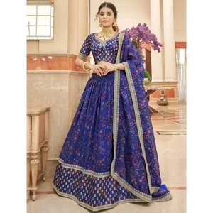 A-Line Modern Lace Organza Bridesmaid Lehenga Choli in Majestic Blue Plus Size - Product Image 1