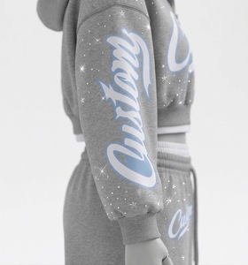 Survêtements en tissu 100% coton imprimés avec des motifs personnalisés, nouveau look vintage, sweat à capuche zippé court avec pantalon évasé, ensemble deux pièces - Product Image 5