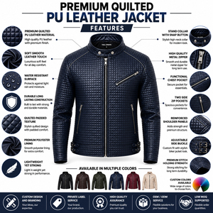 Veste en cuir pour homme, automne-hiver, veste tendance pour homme, couleur unie, fermeture éclair, veste en cuir matelassée décontractée pour homme - Product Image 6