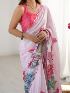 Sari de Seda Chinnon Premium, Sari de Diseño para Mujer, Ropa Étnica, Sari con Estampado Floral, Sari de Chinnon con Blusa sin Coser - Product Image 1