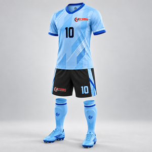 FLYHumble Kit de maillot de football bleu clair et noir à imprimé géométrique, manches courtes, coupe athlétique pour homme, évacuation de l'humidité, toutes saisons - Product Image 2