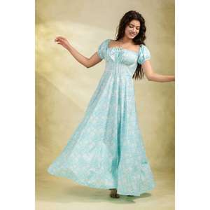 Vestido Largo de Verano para Mujer, Estampado en Algodón, Silueta en A, Ecológico, Hecho a Mano, Cuello en V, Estilo Casual Chic para el Día a Día - Product Image 2