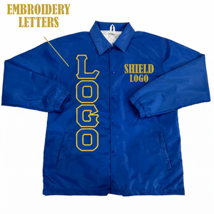 แจ็คเก็ตโค้ชผู้ชายลดราคาพิเศษ Sigma Gamma Rho ปักโลโก้ได้ตามต้องการ ไซส์ใหญ่พิเศษ แจ็คเก็ตโค้ชสีน้ำเงินกรีก แจ็คเก็ตกันลม - Product Image 1