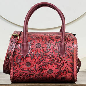 Sac de voyage Speedy en cuir véritable fait main, motif floral, pour femme, style western, sac à bandoulière, sac de week-end, prix d'usine - Product Image 4
