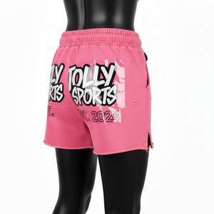 Shorts de mujer de algodón y poliéster, tipo booty, color rosa, tela suave cepillada, estampado con transferencia térmica, logo personalizado. - Product Image 5