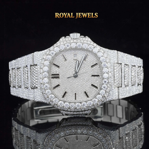 Iced Moissanite <b>Mechanical</b> <b>Watch</b> for Men Stainless Steel Bracelet Round Dial Date Display Waterproof - Product Image 1