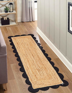 Black Scalloped Border Natural Jute Runner Handmade Braided Woven Farmhouse <b>Boho</b> Hallway Kitchen Entryway Area <b>Rug</b> Home Decor - Product Image 1