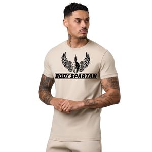 T-shirt en jersey graphique beige pour hommes, col rond, manches courtes, pour athlétisme, gym, entraînement, sport décontracté, vêtements de sport - Product Image 1
